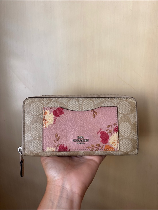 Coach Handbags - COACH Beige Signature Zip Wallet with Pink Floral Pocket